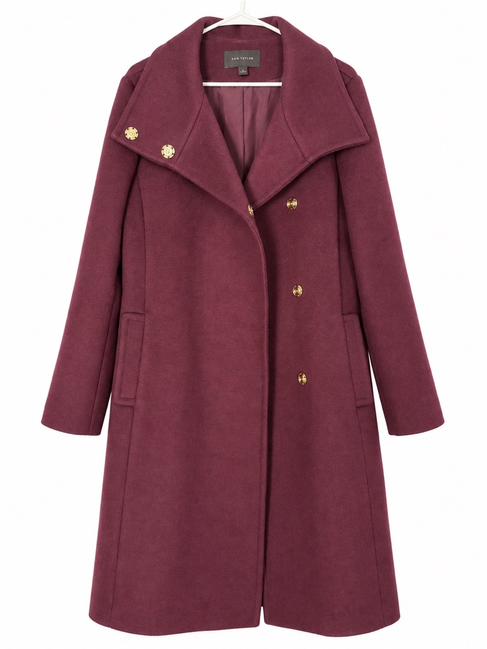 Ann Taylor Burgundy Double-Breasted Wool-Blend Trench Coat